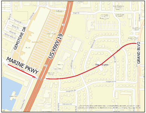 map showing road closure from grand blvd west to gemstone dr