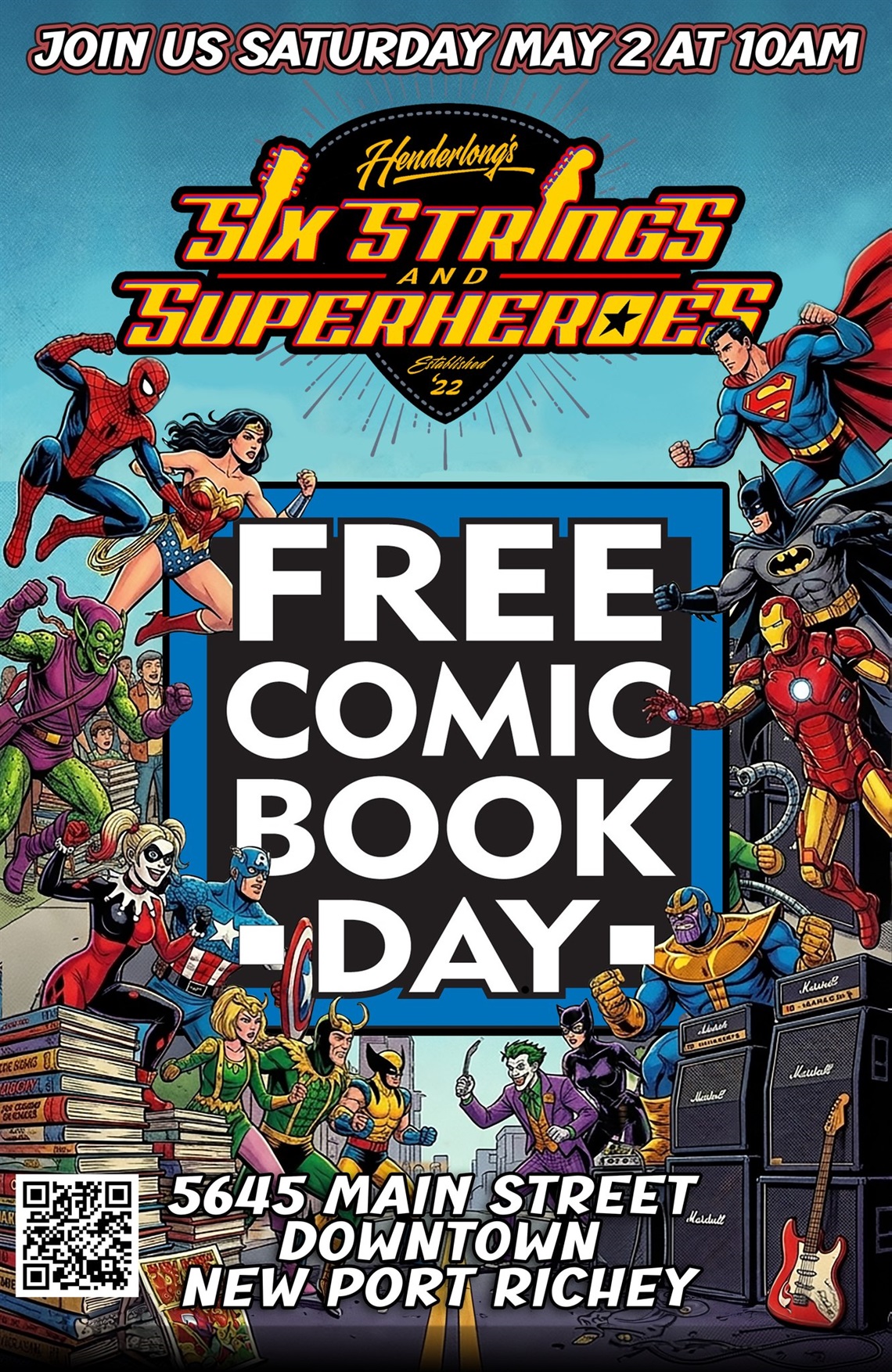 poster for event details featuring image of superheroes and music gear