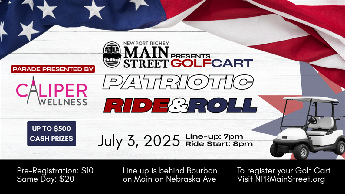 Photo of American Flag and Golf Cart with Text