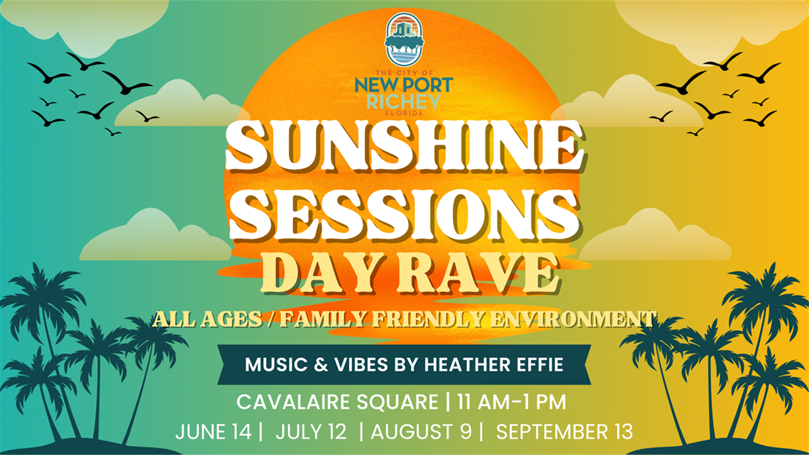 sunset, birds, palm trees, event info
