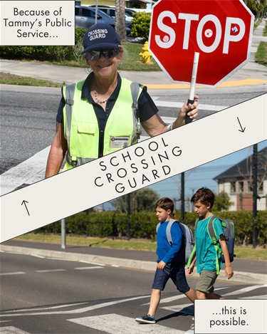 school crossing guard and children crossing road