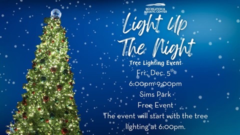 Light up the night flyer with blue background, snow and a Christmas tree