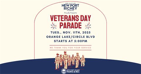 Veterans Day Parade Event Cover with veterans marching and a red white and blue theme