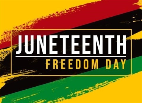 yellow red black green background with Juneteenth Freedom Day written on it