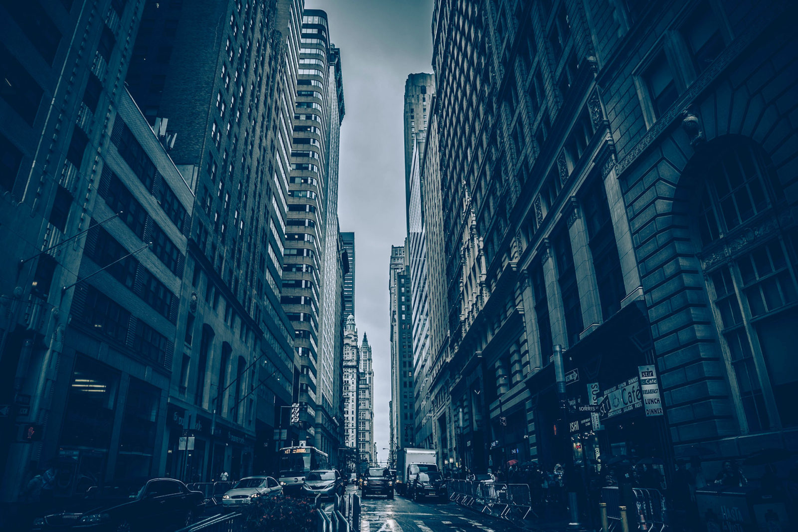 New York City street on a rainy day.
