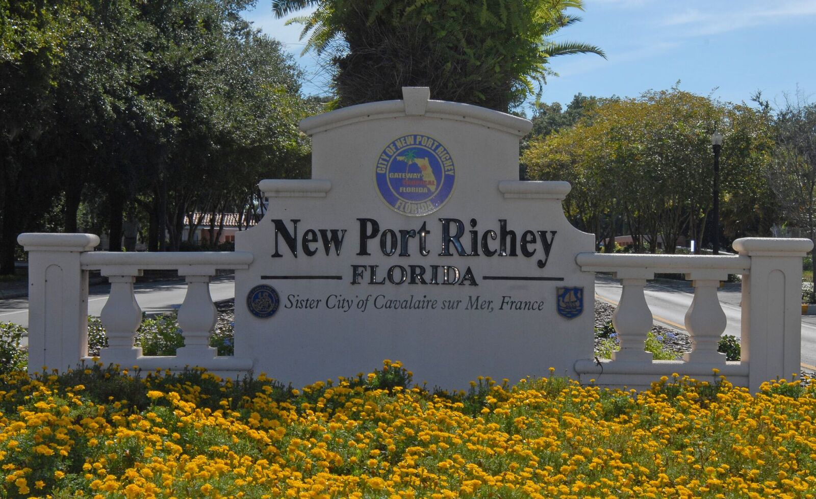 White Arched sign with the City of New port Richey seal, reading New Port Richey Florida. in front of a large palm tree. To the right you can see a silver car and a grey car going over a bridge.