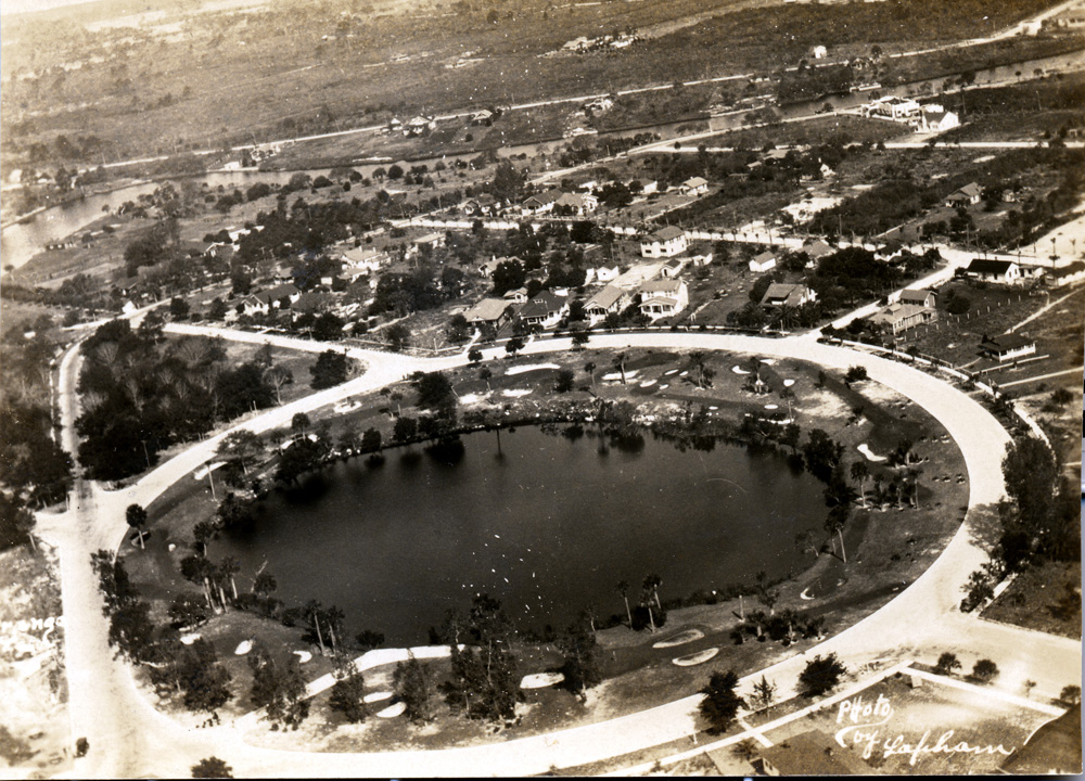 Black and white aerial view of Orange Lake.