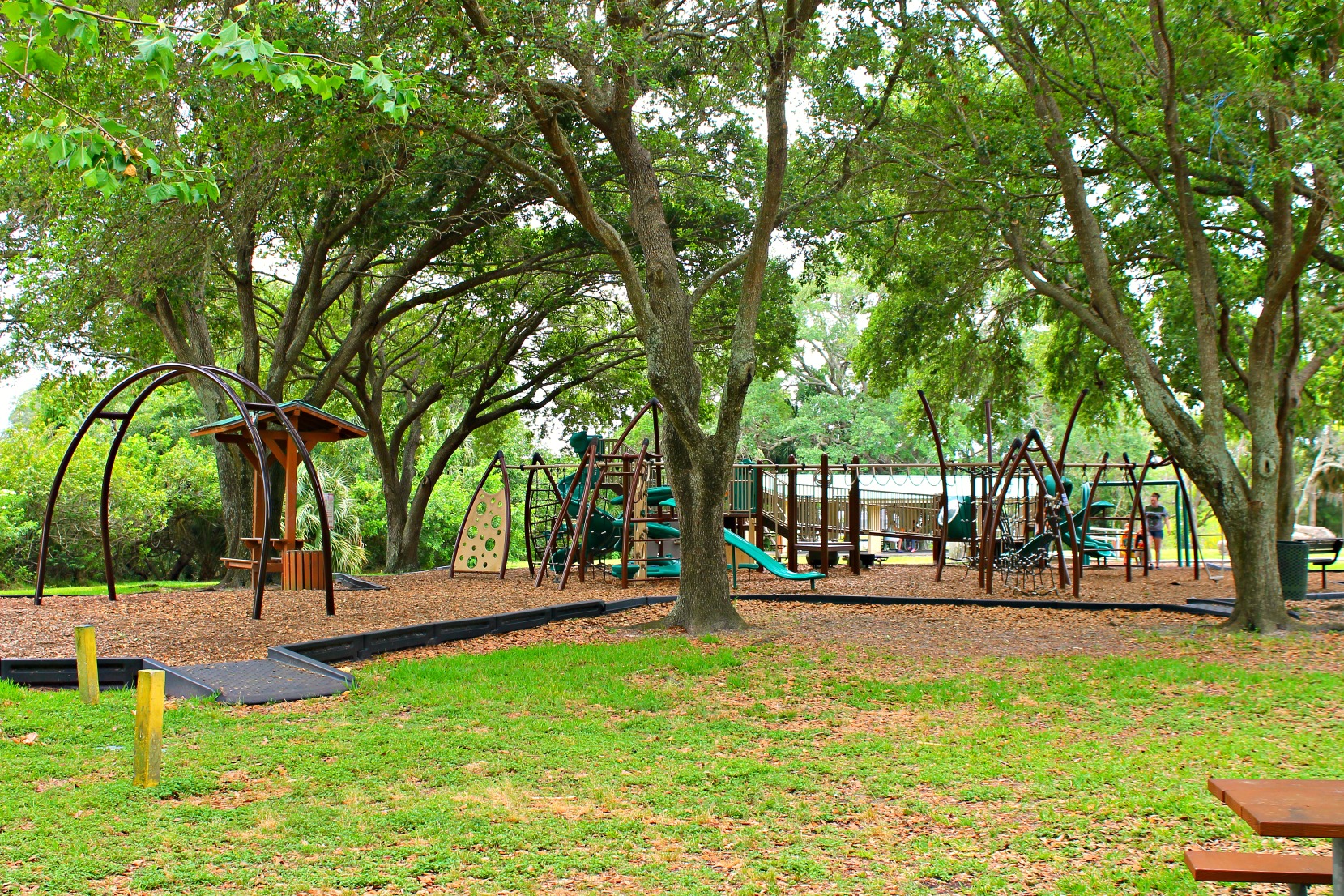 A playground surrounded by trees and greenery