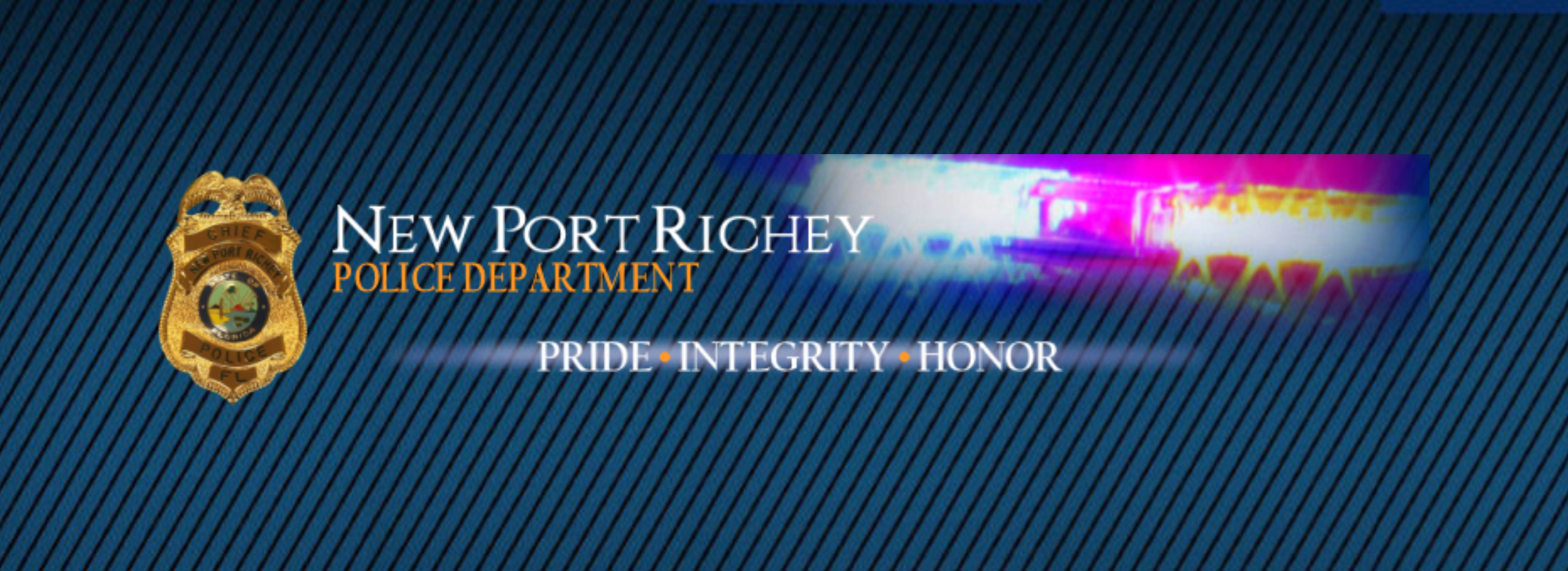 The text, "New Port Richey Police Department. Pride. Integrity. Honor" on a dark blue field with a police emergency lights.