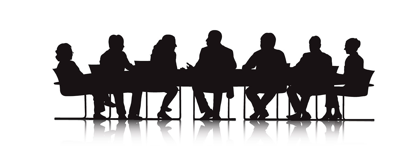 Black on white silhouette of several people sitting round a conference table as if at a meeting.