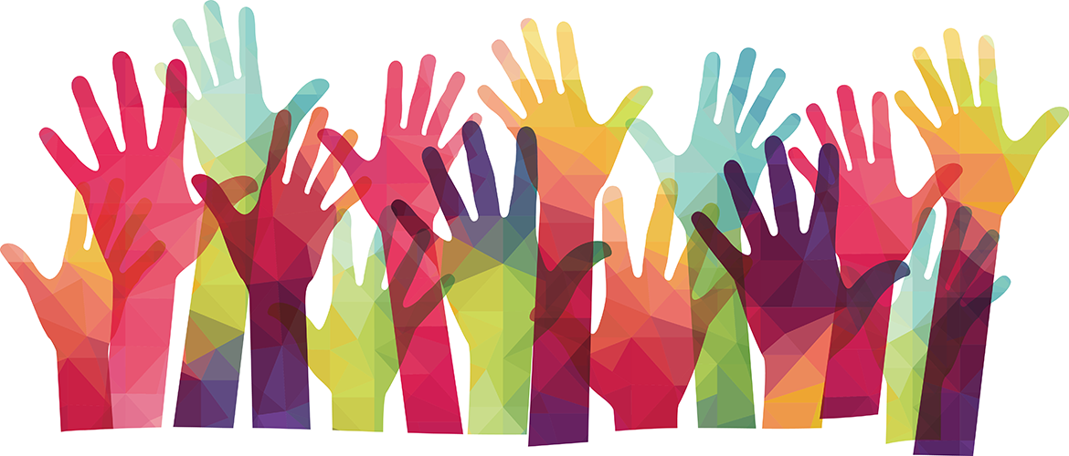 Several brightly colored hand silhouettes raised with fingers open as if volunteering.